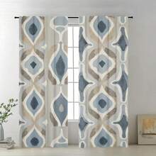 Conjunto de 2 Cortinas Boêmias com Estampa Geométrica em Grade - Design Moderno com Bolsa para Varão, Padrões em Azul e Bege, Perfeitas para Decoração de Quarto, Sala de Estar ou Escritório, Fibra de Poliéster, Laváveis à Máquina, Cortinas Versáteis para Sala de Estar - Multicolorido - Ver 2