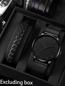 2件套简约时尚男士网状腰带和手表套装 - 黑色 - 查看 8