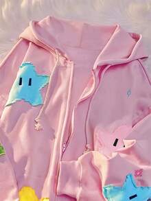 Fall Street 宽松连帽衫长袖印花抽绳刺绣 Y2K 街头风拉链女款 - 粉色 - 查看 1