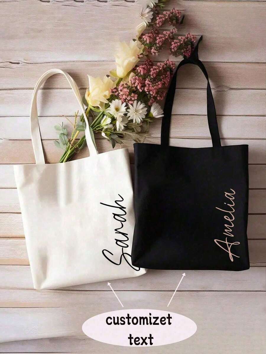 1pc Customized Name Canvas Tote Bag, Personalized Handbag, Can Customize Name Or Text, Foldable, Large Capacity Lightweight, Fashion Versatile, Women's Bookbag/College Backpack, Ideal Gift For Women, Career Starters, Office Ladies, Girlfriends, Pink Girls, Suitable For Graduation, Wedding And Other Occasions ,Forever Love - Multicolor - View 1
