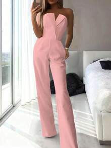 女士纯色简约优雅直筒连体裤，优雅性感春夏款，高腰修身，适合办公室约会 - 粉色 - 查看 1