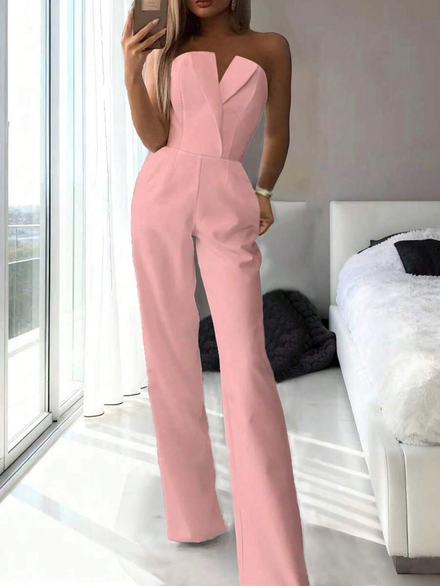 女士纯色简约优雅直筒连体裤，优雅性感春夏款，高腰修身，适合办公室约会 - 粉色 - 查看 1