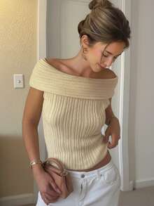 FOR BEAUTY 春夏新款露肩短袖针织衫，女士休闲通勤毛衣，性感露肩细罗纹针织衫，奶油黄上衣，毕业季和新年季 - 黃色 - 查看 1