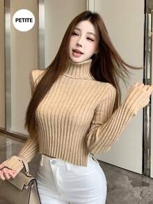 High Neck Slit Folding Short Fitted Solid Color Sweater For Women, Fashionable Layering Knit Top, Autumn/Winter - Khaki - View 4
