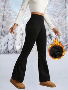 Quần ống loe cạp cao lót giữ nhiệt dành cho nữ, quần legging dày dặn ấm áp mùa đông, quần yoga mềm mại, quần áo nữ, quần áo mùa đông nữ màu đen - màu đen - Xem 5