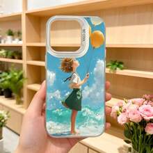 Cubierta de teléfono con diseño de niña con globos azul cielo y verde para mujer estilo veraniego ideal para uso diario y ocasiones casuales Aplicable a los teléfonos de la serie Apple y Galaxy - Negro - Ver 5