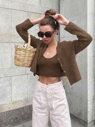 时尚休闲家居吊带背心+长袖开衫女秋冬装