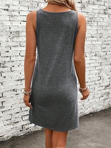 Minimalist Modern Style Line Art Sun Pattern Elegant Dress, Moon Print Summer Casual Classic Dress, Vintage Mid-Length Sleeveless Tummy-Concealing Fashionable Commuter Vacation Women's Tank Dress - Màu xám đen - Xem 2