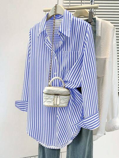​Women's Casual Basic Striped Point Collar Long Sleeve Shirt Top With Button Pocket, Daily Office Wear Fall Winter Spring Clothing​