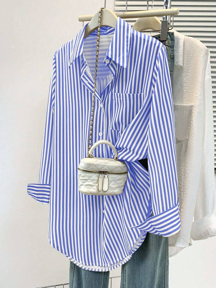 Women's Casual Basic Striped Pointed Collar Long Sleeve Shirt Blouse With Button Pockets, Suitable For Daily Office Wear, Autumn/Winter/Spring - Dark Blue - View 1