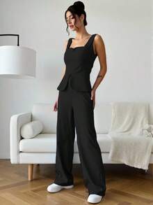 Classic Women's Set/ Tailored Fabric/ Wide-Leg Pants With Peplum Blouse/ Wide Straps 243 - màu đen - Xem 3