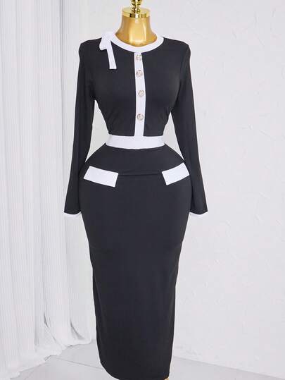 Robe à manches longues bicolore pour femmes Elenzga