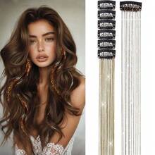 Hair Tinsel Clip In Tinsel Hair Extensions Coffee Fairy Glitter Hair Tinsel Kit For Women Heat Resistant 21.5In 6Pcs Festival Accessories For Party, Christmas, New Year, Halloween, Cosplay,Coffee - Coffee - 查看 2