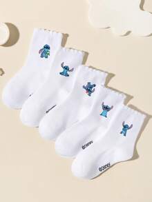 Disney 1/5/10 pares de calcetines deportivos para niños/niñas de primavera/verano, calcetines con barra doble, calcetines escolares, calcetines tobilleros con adorno de encaje, decorados con diseños de dibujos animados lindos, de moda, suaves y amigables con la piel, que absorben la humedad y transpirables, calcetines de encaje versátiles y casuales, adecuados para volver a la escuela, el campus, deportes, el aula, el nuevo semestre, estudiantes - Blanco - Ver 5