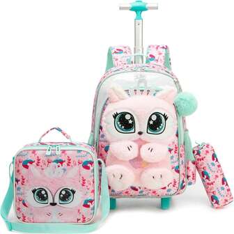 Rolling Backpack For Girls Backpack With Wheels For Elementary Student Kids School Bag With Lunch Box Pencil Case For Girls Ages 6-8 Years Old