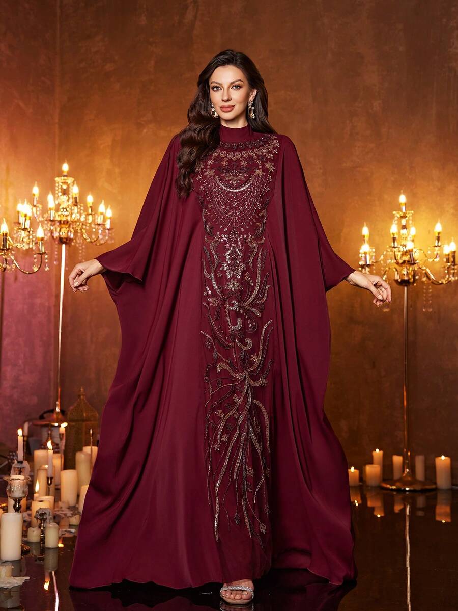 UNITHORSE Women's Stand Collar Long Sleeve Embellished Fitted Maxi Knit Dress Spring - Burgundy - View 1