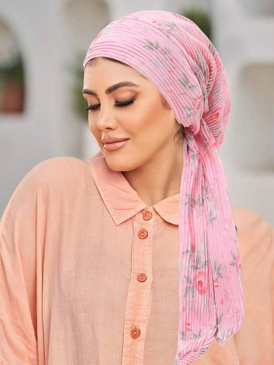 1pc New Ditsy Floral Crinkle Headscarf Hat, Versatile Women's Long Tail Tie Headband Cap, Fashionable & Elegant - Multicolor - View 1