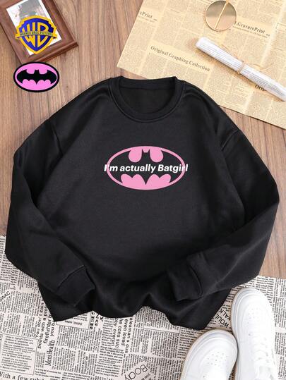 Warner Bros LILL, Autumn And Winter Women's Bat Girl Pattern Round Neck Sweatshirt Top, Slightly Stretch Fit Black Pullover Long Sleeve Sweatshirt, Casual Daily School Season Sweatshirt Top