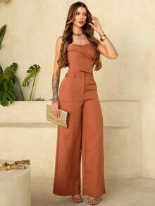 Elegant Women's Two-Piece Set Featuring A Sleeveless Top With Spaghetti Straps And Wide-Leg Trousers With Pockets. Ideal For A Casual Look. - 摩卡棕 - 查看 4