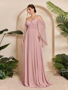 Mgiacy-流行、新品、V领、背心、甜美、伴娘服、荷叶边、雪纺、长裙、婚礼嘉宾 - 粉色 - 查看 4