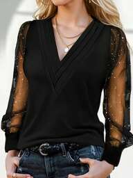 Plus-size V-hals mesh T-shirt met lange mouwen, modieus voor woon-werkverkeer