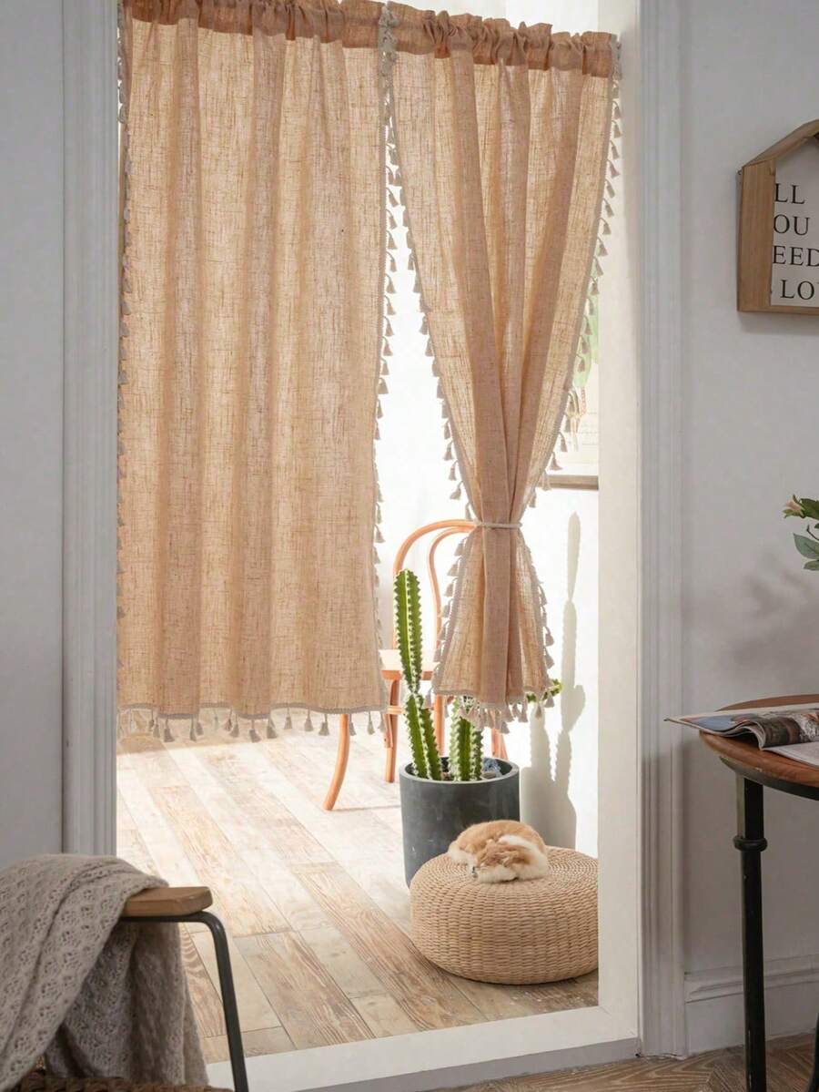 2pcs Linen Tassel Solid Color Retro Curtain, Rod Pocket Design, Suitable For Living Room And Bedroom - Sheer And Filtering Curtain (Tie Backs Not Included) - Multicolor - View 1