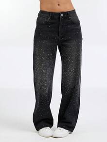 Wanduyini Women's Rhinestone Embellished Straight Leg Jeans, Shiny Denim Jeans, Washed Black - Wash Black - View 5