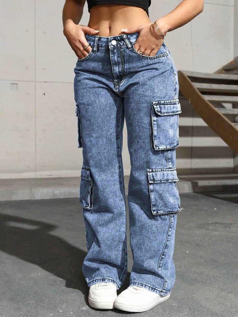 Flip Pocket Side Cargo Jeans, Minimalist Fashion, Casual Daily Versatile Spring - Medium Wash - View 1