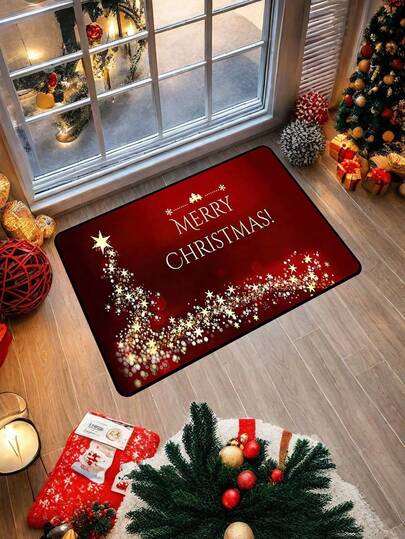 1pc Themed Welcome Door Mat Carpet With Sparkling Star Patterns, Non Slip, Easy To Clean, Stain Resistant, Washable - Suitable For Living Rooms, Bedrooms, Kitchens, Offices, Holiday Home Decoration, Christmas Decoration, Room Decoration, Christmas Decoration Kitchen Rug