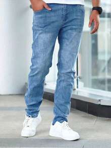 Men's Classic Denim Jeans, Regular Fit - Soft Stretch Fabric, Washed Solid Color, Comfortable Basic Style Suitable For All Seasons - Woven Fabric, Non-Transparent, Regular Length, Emo Style - 中等水洗藍 - 查看 4