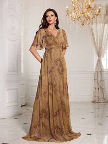 UNITHORSE [随机剪裁] 女士V领荷叶边袖亮片露背优雅晚会伴娘礼服 - 棕色 - 查看 6