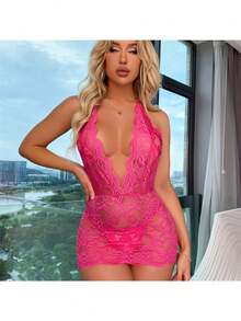 Women's Sexy Lingerie, Wall-Mounted Lace Nightdress, V-Neck Flower Lace Dress With ThongLace , Deep V Backless Lace-Up Sexy Hollow Loungewear - Hồng hồng - Xem 3