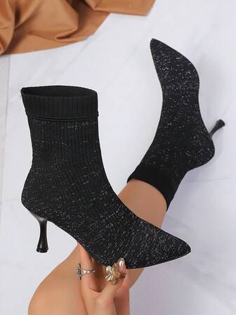 Women's Fashion Versatile Elastic Pointed Toe Ankle Boots, Plus Size, Suitable For Spring, Autumn And Winter