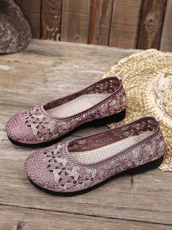 女士休闲花卉图案一脚蹬乐福鞋，透气舒适，中国风新款，轻便一脚蹬