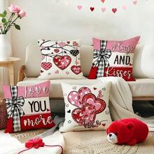 4pcs Valentine's Day Pillow Covers, "Love You More" Heart Striped Bow Print, Minimalist & Cute Peach Velvet Single-Sided Printed Cushion Covers With Zipper Closure, No Pillow Insert Included, Romantic Valentine's Day & Wedding Decor, Suitable For Sofa, Bed, Chair, Bedroom, Living Room, Patio Decoration - Pink - View 3