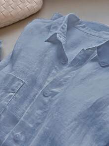 Women's Casual Solid Color Front Button Curved Hem Shirt - Light Wash - View 3