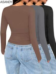 Set de 3 camisetas básicas de manga larga de cuello redondo sencillas y casuales, aptas para otoño/invierno - Multicolor - Ver 2