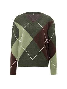 Live To Mo Women's Diamond Pattern Long Sleeve Sweater, Casual Business Style, Minimalist Design, Essential For Daily Wear, Spring/Winter - Green - View 3