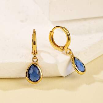1 par de pendientes de moda de cobre chapado en oro de 18K con circonita azul plana de doble cara, adecuados para uso diario de mujeres, regalo para cumpleaños, vacaciones