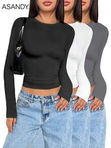3pcs/Set Women Crew Neck Long Sleeve Plain Solid Color T-Shirt, Slim Fit, Casual Pullover Top, Spring/Autumn