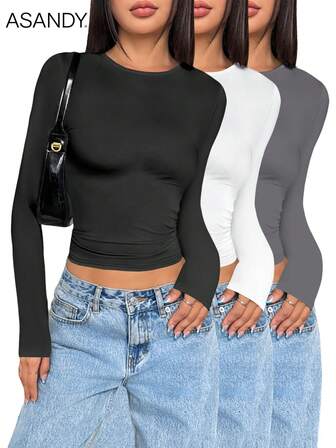 3pcs/Set Women Crew Neck Long Sleeve Plain Solid Color T-Shirt, Slim Fit, Casual Pullover Top, Spring/Autumn