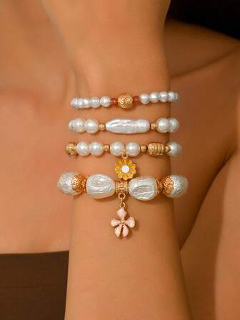 Vintage Elegant Bohemian Baroque Faux Pearl Daisy Flower Golden Beaded DIY Handmade Bracelet Set, Elastic Cord, Suitable For Women Spring/Summer/Autumn/Winter, Suitable For Vacation, Party, Evening Wear. Resin Quantity Is Random, Slight Molding Marks On Imitation Pearls Are Normal.