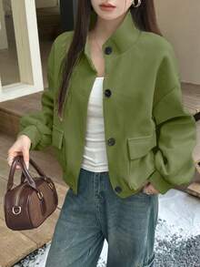 大码女式休闲杏色立领夹克，女式休闲户外下摆收紧夹克，纯色梭织面料，带口袋和前纽扣开合，适合日常、旅行和机场穿着，秋冬季 - 苔蘚綠 - 查看 4