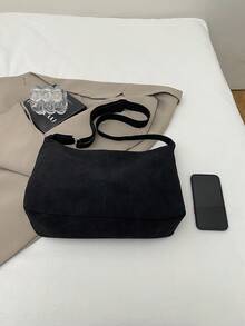 1pc Black Faux Suede Fabric Smooth Zipper Adjustable Strap Fashion Casual Minimalist Solid Color Winter New Niche Shoulder Bag, Suitable For Women's Daily Use - Black - View 5