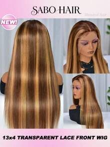 34 Zoll lange gerade Spitzenfront 4/27 Highlight Perücken aus Echthaar-Mischung, 13x4 HD transparente Spitzenfront-Mischperücken für Frauen, brasilianisches Jungfernhaar-Spitzenfront-Perücke mit 200% Dichte, vorausgerupft mit natürlicher Haaransatz und Babyhaar für Frauengebrauch