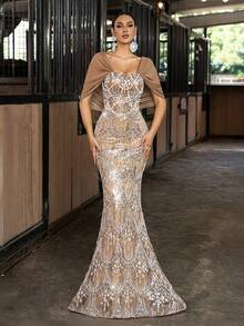 Glamorous Beaded Evening Gown, Women's Sequin Formal Maxi Dress, Sleeveless Backless Mermaid Solid Color - Champagne - View 6