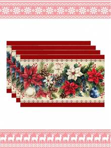 1pc Christmas Decorative Table Runner, Christmas Floral Pattern Tablecloth, Christmas Decor Elements, Christmas Wreath, Evergreen Vine Decor, Fireplace Mantel Scarf, Multiple Sizes Available To Suit Different Home Decor Scenarios, Fireplace Scarf, Glass Door & Window Scarf, Home Decor, Entryway Decor, Christmas Dining Table Decor - Red - View 16