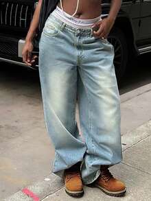 Women's Vacation Style Y2K Washed Distressed Wide Leg Jeans - Light Wash - View 2