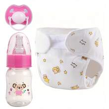 婴儿娃娃喂食玩具套装，包含尿布、奶瓶和奶嘴。采用逼真的设计和材料精心制作，适用于重生娃娃、新生儿娃娃和婴儿娃娃。非常适合亲子互动和派对游戏。有粉色和蓝色可选。完美的节日礼物。（图案和颜色随机。不含娃娃。）