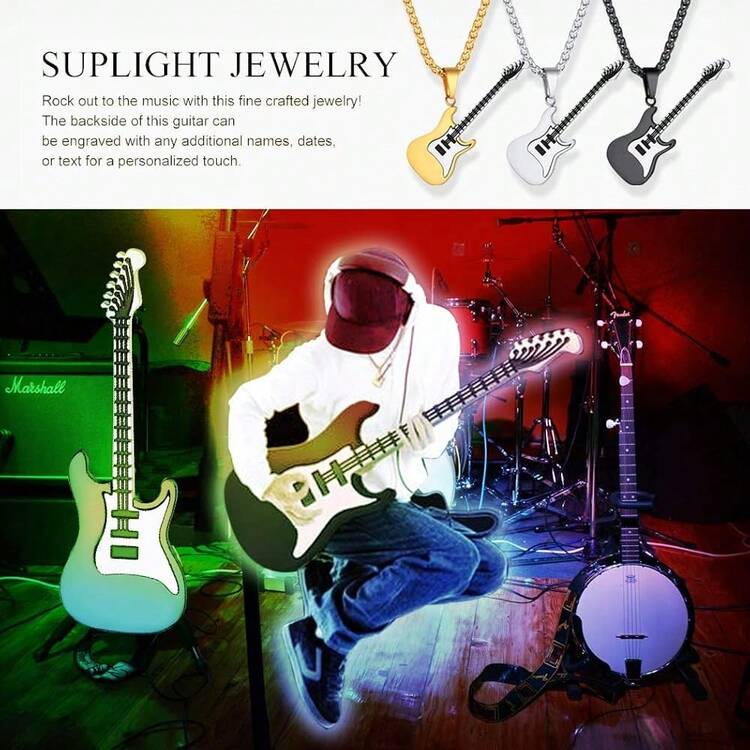Suplight 18K Gold Electric Guitar Charm For Men Women Rock Punk Music Jewelry Stainless Steel Custom Engrave Guitar Bass Pendant Necklace,03.Guitar-Goldplatedstainlesssteel - 03.吉他-鍍金不銹鋼 - 查看 4